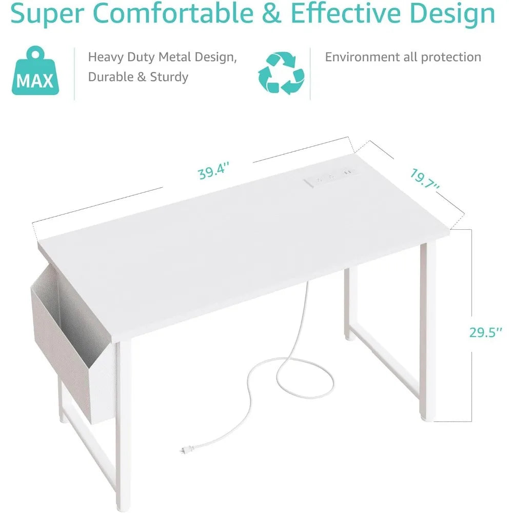 39 Inch White Computer Desk With Power Outlet Table