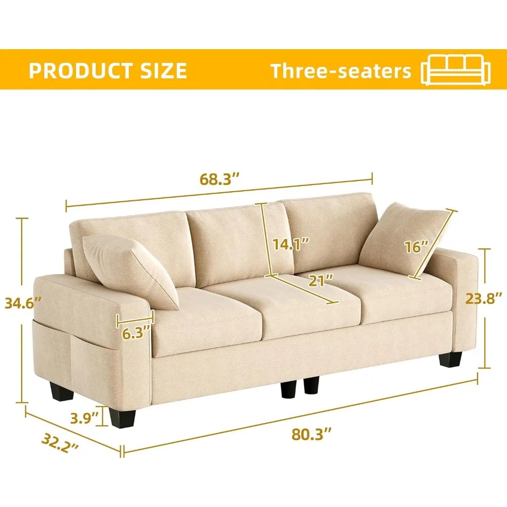 80 " comfortable sofa with ultra deep seats, sofa for living room and office use, 3 seats with side storage pockets