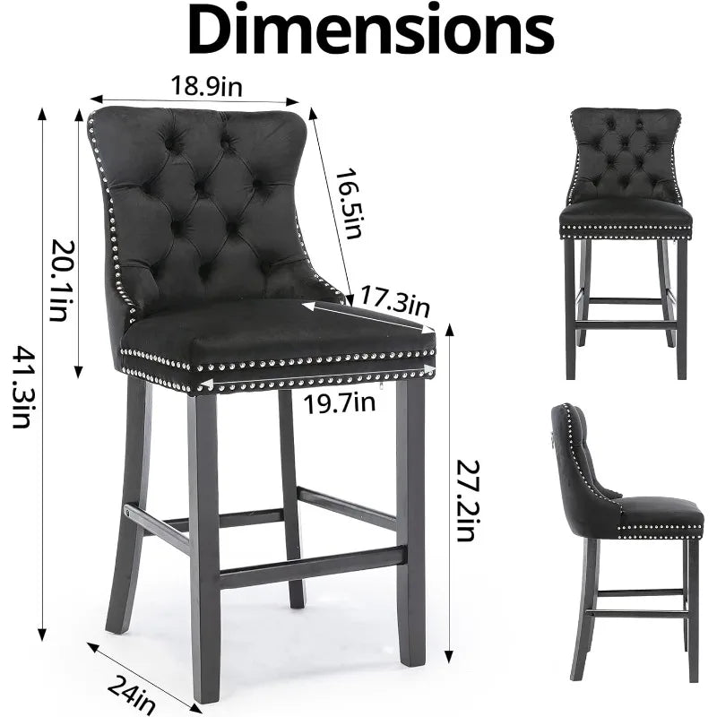 Bar Stools Set of 4 Counter Height, Velvet Upholstered Barstools with Solid Wood Legs, Button Tufted and Nailheads Trim