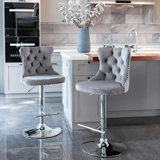 Swivel Bar Stools Set of 2, Adjustable Counter Height Barstools with Nailheads Trim, Button Tufted Back and Silver Footrest,