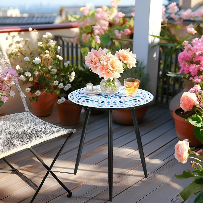 Round Side End Table, 16" Unique Relief Ceramic Tile Table Top with Metal Structure, Small Accent Coffee Tables