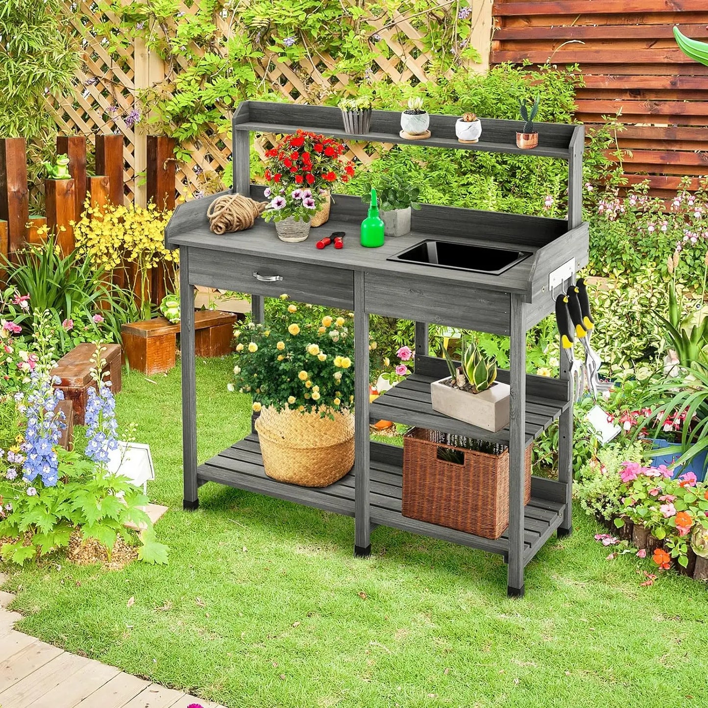 Giantex Wood Garden Potting Bench Table for  Patio Indoor Outdoor Workstation