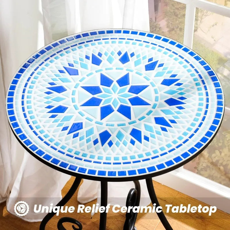 Round Side End Table, 16" Unique Relief Ceramic Tile Table Top with Metal Structure, Small Accent Coffee Tables