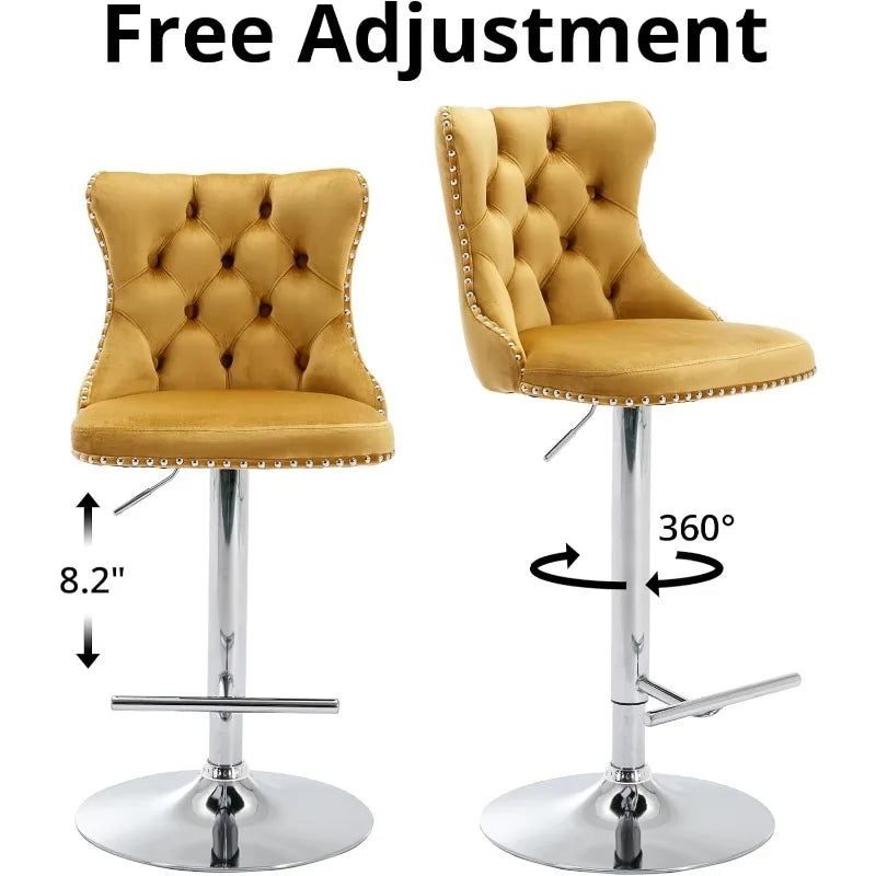 Swivel Bar Stools Set of 2, Adjustable Counter Height Barstools with Nailheads Trim, Button Tufted Back and Silver Footrest,