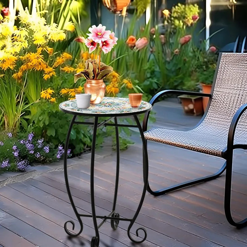 Round Side End Table, 16" Unique Relief Ceramic Tile Table Top with Metal Structure, Small Accent Coffee Tables