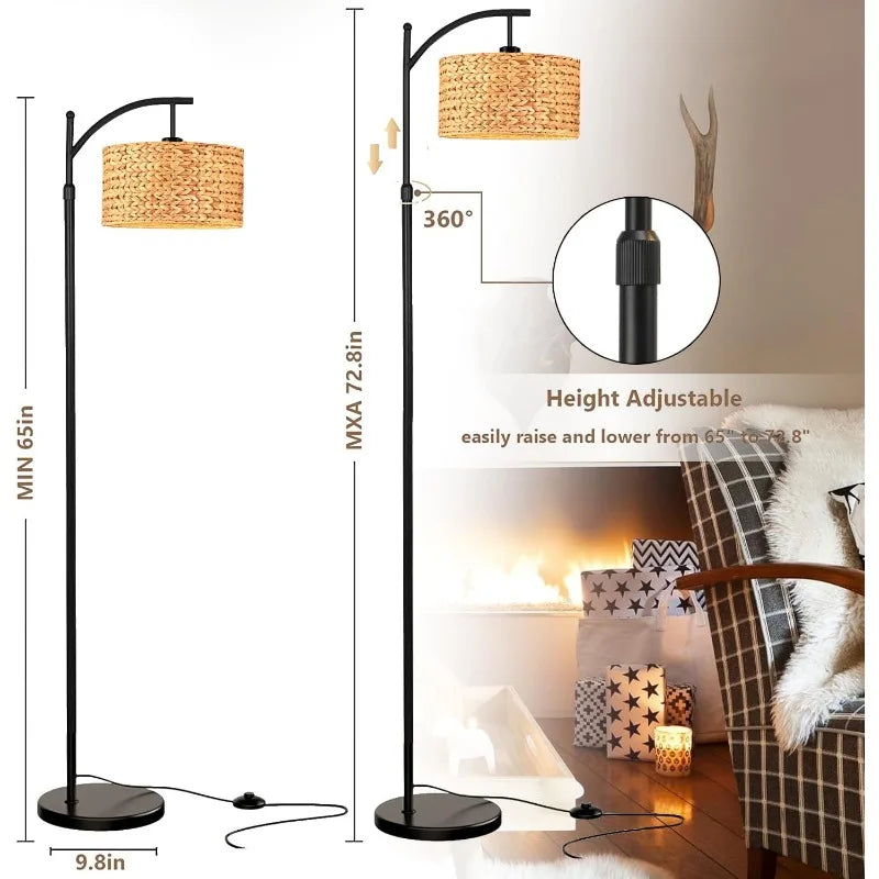 Arc Rattan Boho Standing Lamp with Remote