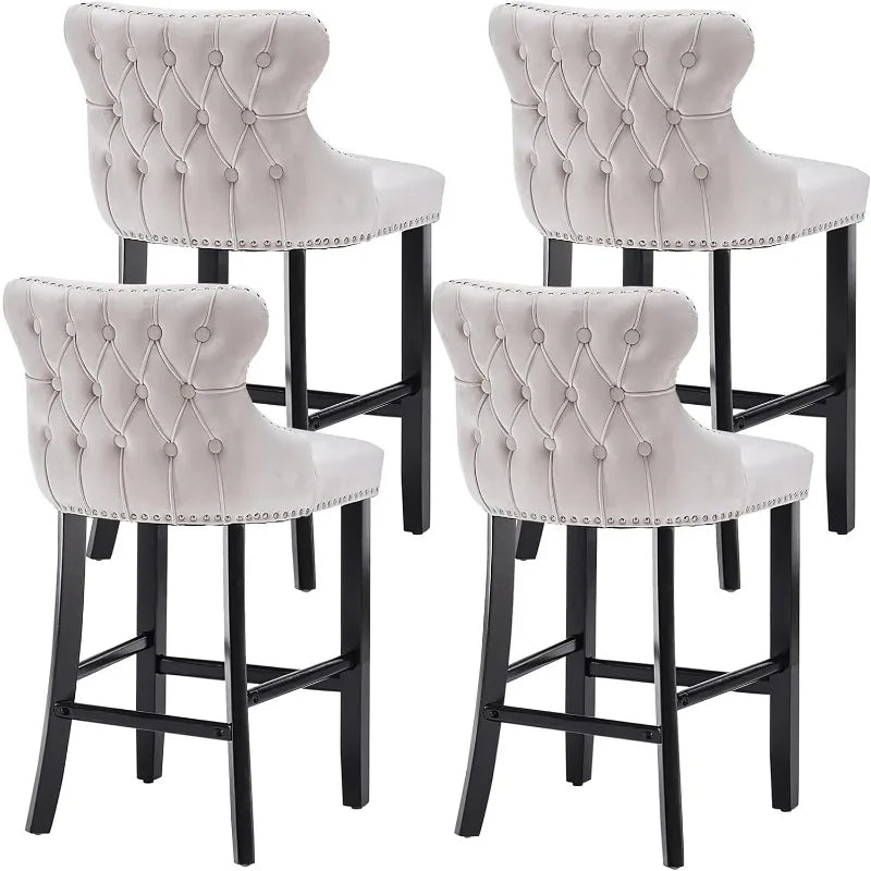 Bar Stools Set of 4 Counter Height, Velvet Upholstered Barstools with Solid Wood Legs, Button Tufted and Nailheads Trim