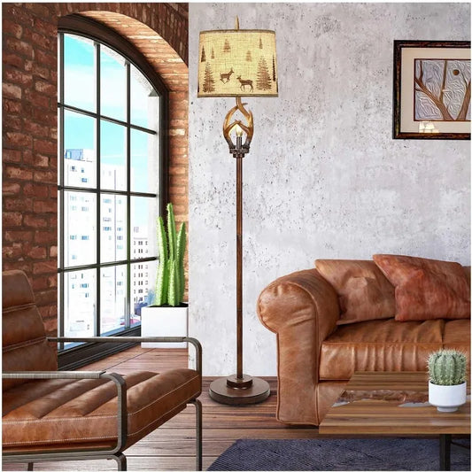 Rustic Farmhouse Antlers Floor Lamp with Nightlight Brown Finish Round Shade