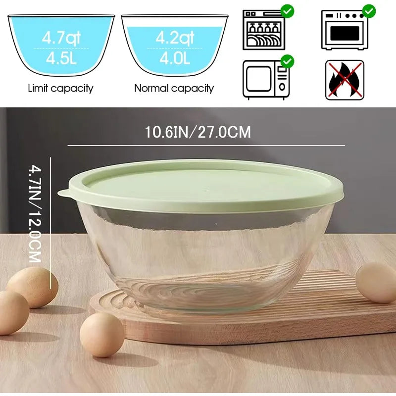 4.7 Quart Large Glass Mixing Bowl with Lid, Deep Salad Bowl