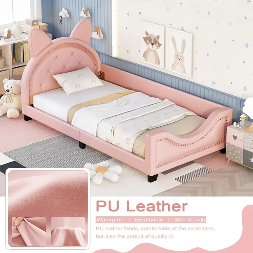 Upholstered Twin Size PU Leather Platform Bed with Carton Ears Shaped Headboard