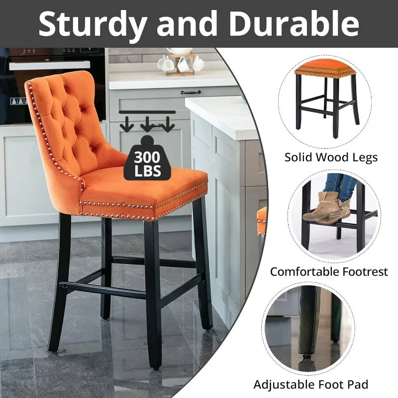 Bar Stools Set of 4 Counter Height, Velvet Upholstered Barstools with Solid Wood Legs, Button Tufted and Nailheads Trim