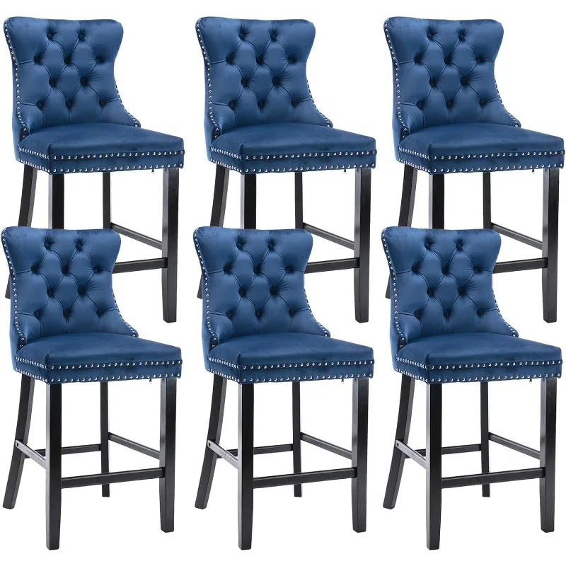 Bar Stools Set of 4 Counter Height, Velvet Upholstered Barstools with Solid Wood Legs, Button Tufted and Nailheads Trim