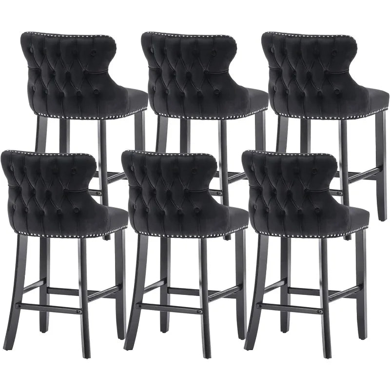 Bar Stools Set of 4 Counter Height, Velvet Upholstered Barstools with Solid Wood Legs, Button Tufted and Nailheads Trim