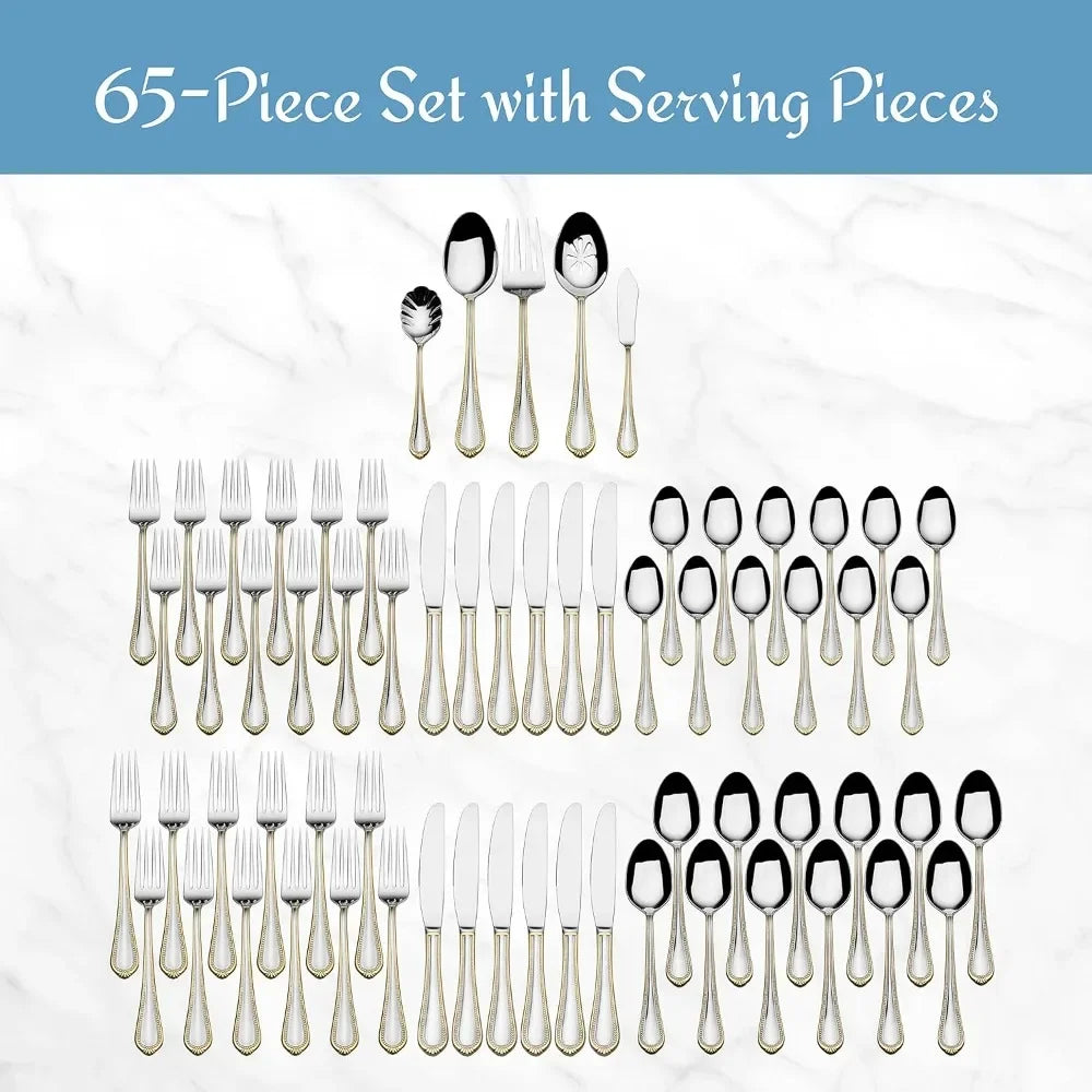 Regent Bead Gold 65-Piece Stainless Steel French Flatware Set Service for 12.