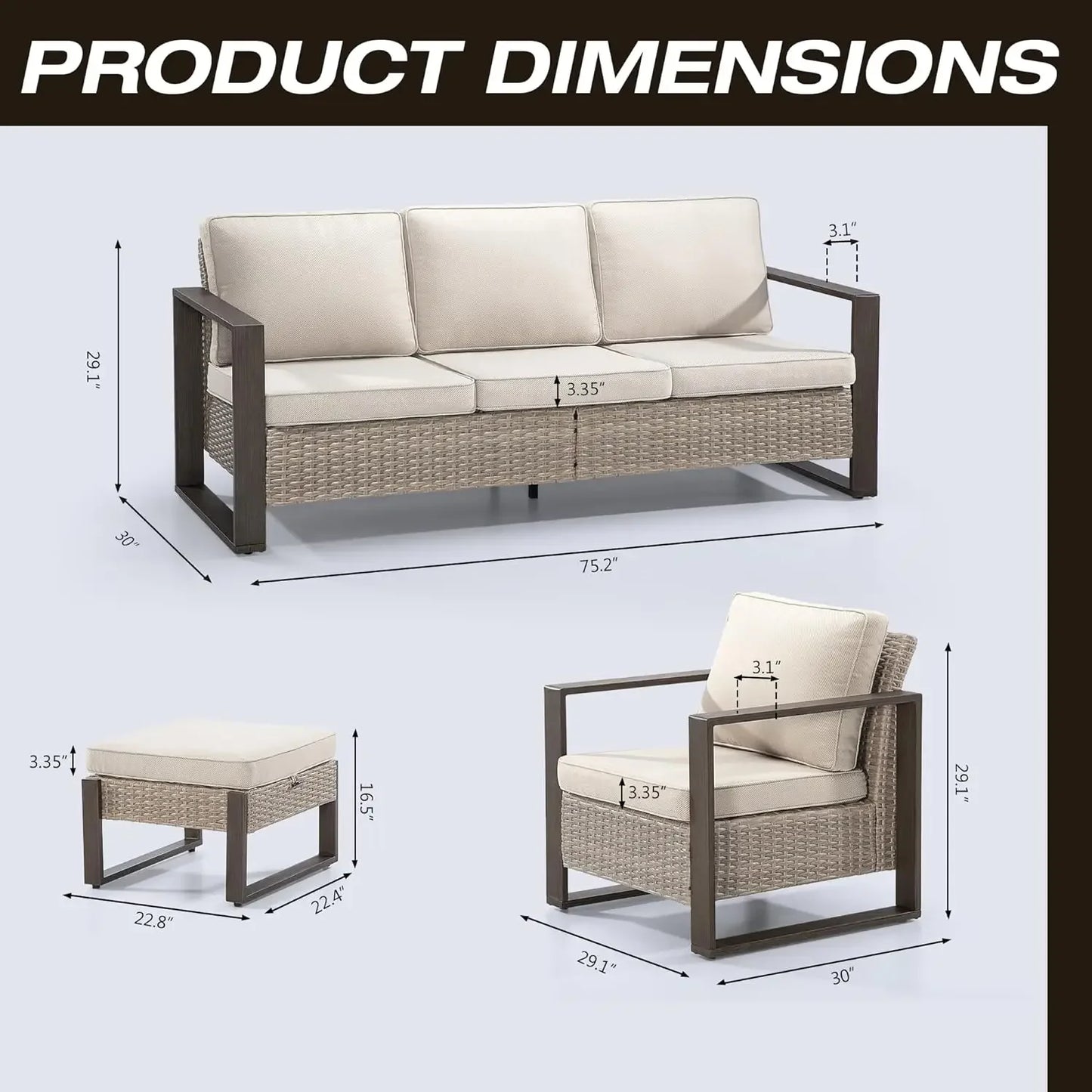 Wicker Patio Furniture Set All Weather Outdoor Furniture Set Contains A Sofa, Two Rattan Dining Chairs and Two Ottomans