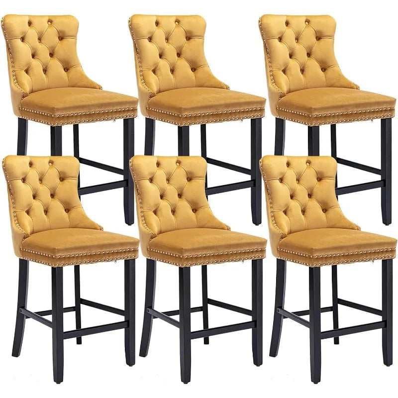 Bar Stools Set of 4 Counter Height, Velvet Upholstered Barstools with Solid Wood Legs, Button Tufted and Nailheads Trim