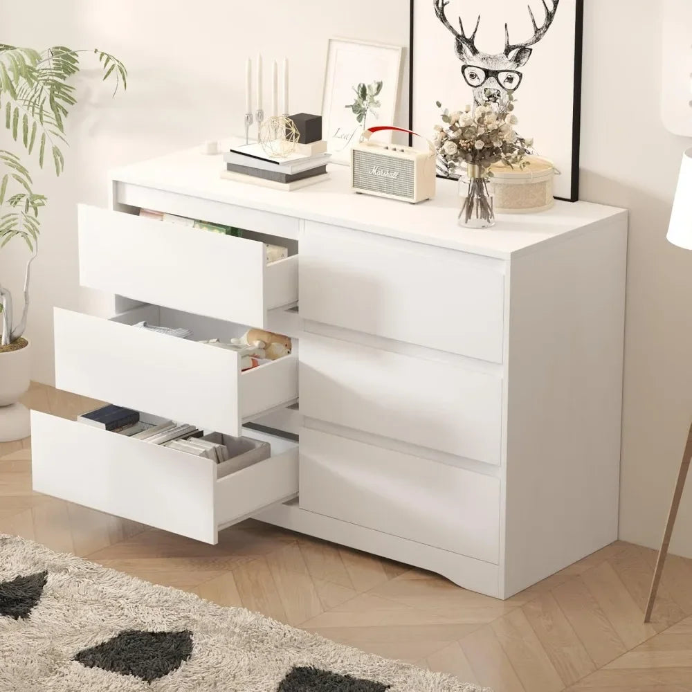 White Modern  Dresser with 6 Deep Drawers, for Bedroom