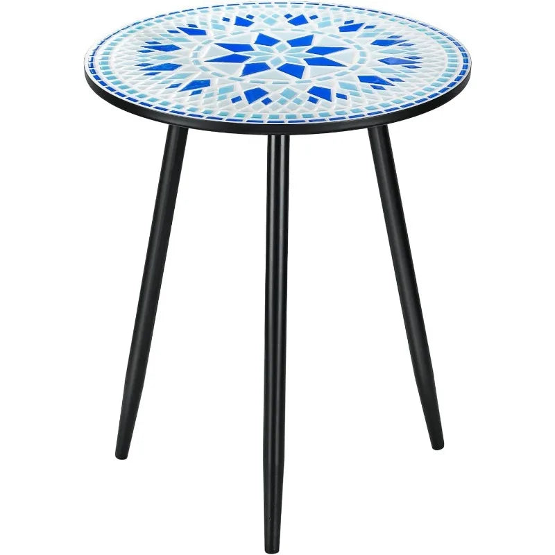 Round Side End Table, 16" Unique Relief Ceramic Tile Table Top with Metal Structure, Small Accent Coffee Tables