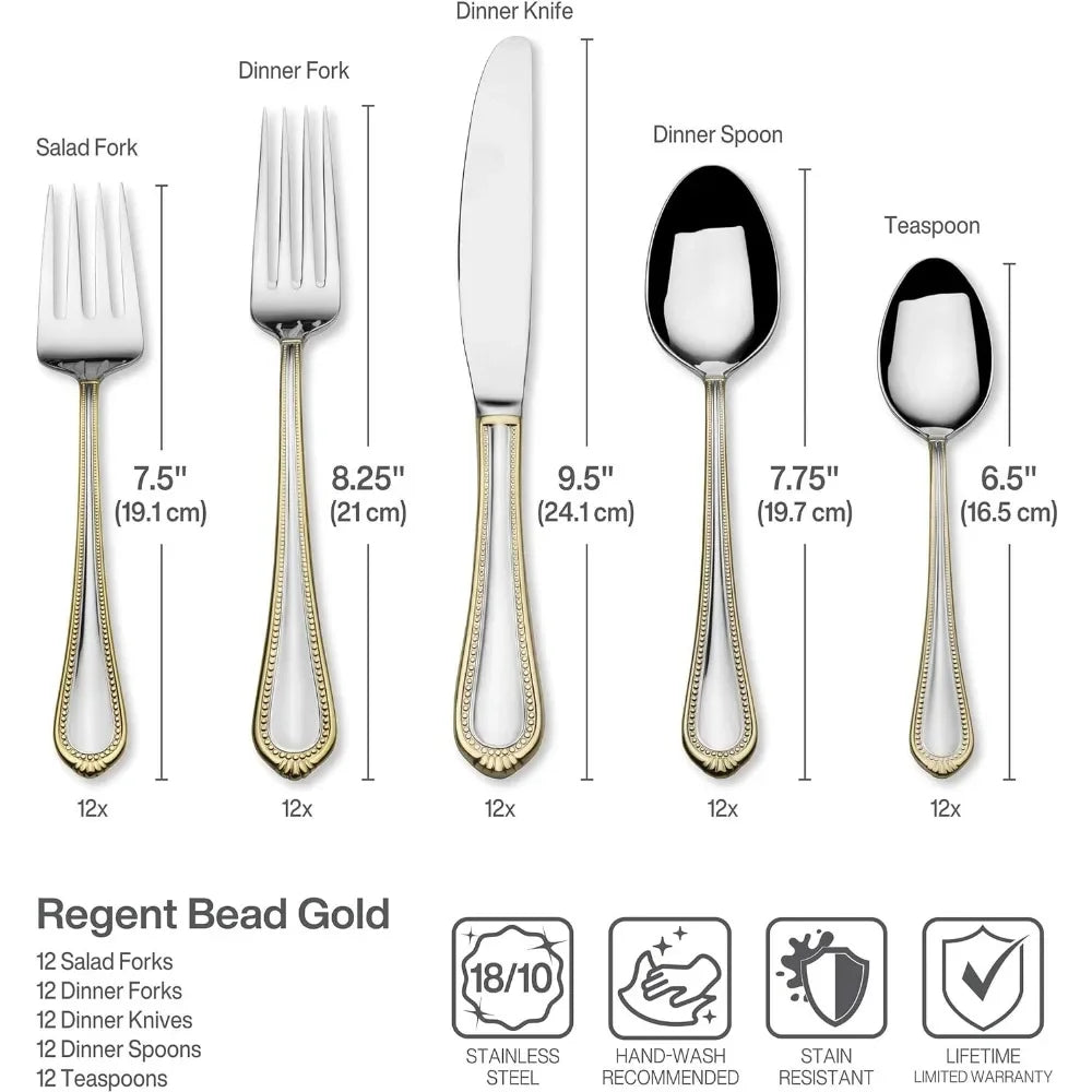 Regent Bead Gold 65-Piece Stainless Steel French Flatware Set Service for 12.