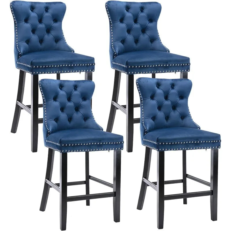 Bar Stools Set of 4 Counter Height, Velvet Upholstered Barstools with Solid Wood Legs, Button Tufted and Nailheads Trim