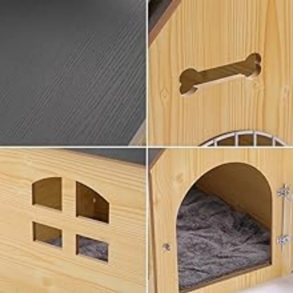 Wooden Pet House with Roof for Dogs Indoor and Outdoor Use, Easy Assemble Breathable Dog Crate for Small, Medium Dog, Cat