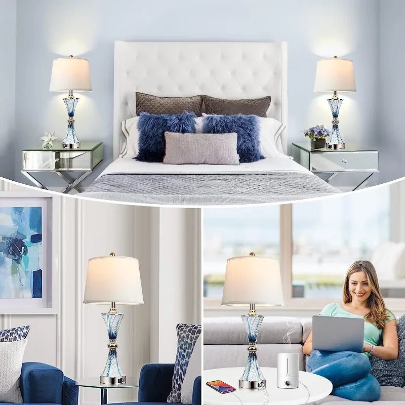 Set of 2 Blue Glass Table Lamps for Bedrooms with 2 USB ports 3-Way Dimmable with 2 LED Bulbs