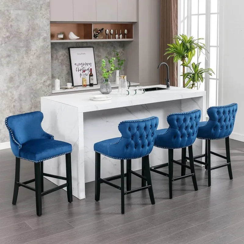 Bar Stools Set of 4 Counter Height, Velvet Upholstered Barstools with Solid Wood Legs, Button Tufted and Nailheads Trim