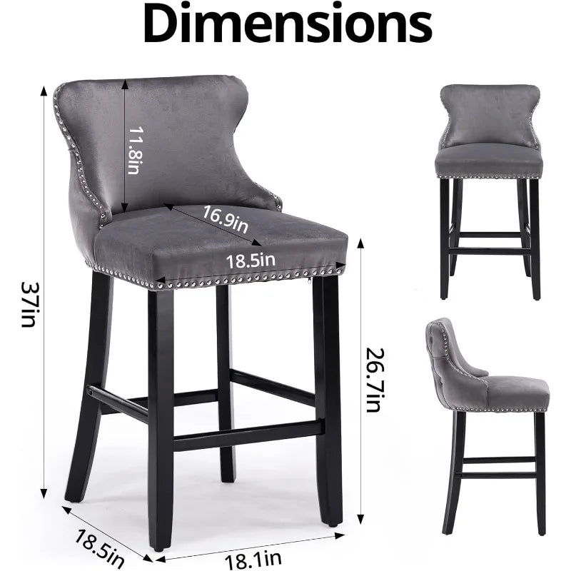 Bar Stools Set of 4 Counter Height, Velvet Upholstered Barstools with Solid Wood Legs, Button Tufted and Nailheads Trim