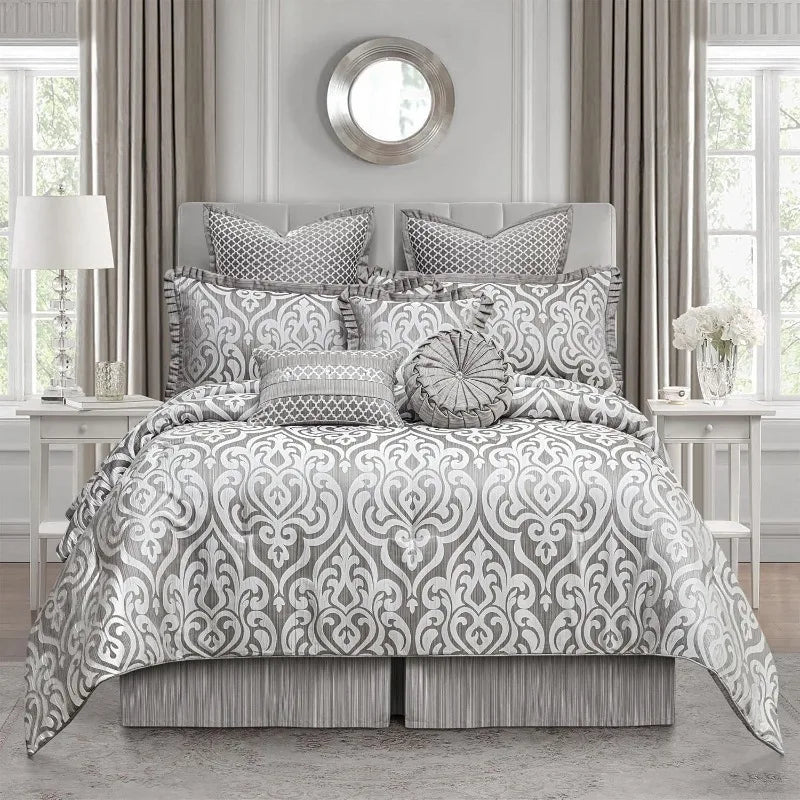 9-Piece Contemporary Jacquard Comforter Set, Luxury Damask Bedding Sets King, Ultra Soft Comforter with Euro Shams, Bedskirt