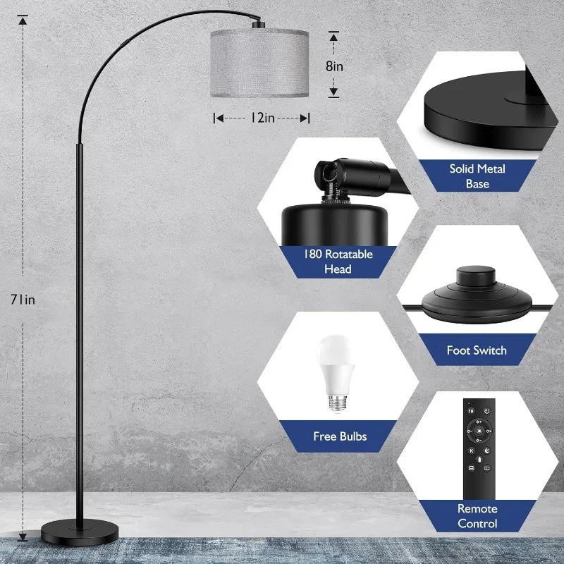 Arc Floor Lamp Remote Control Dimmable, tall Lamp with  Drum Shade