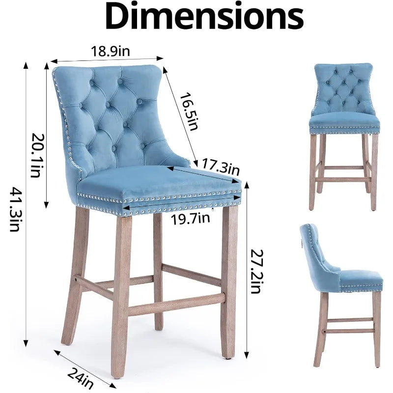 Bar Stools Set of 4 Counter Height, Velvet Upholstered Barstools with Solid Wood Legs, Button Tufted and Nailheads Trim