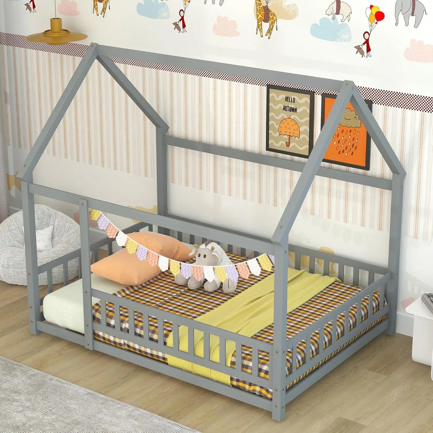 Kids' Twin Size House Frame Wooden Floor Bed with Fence