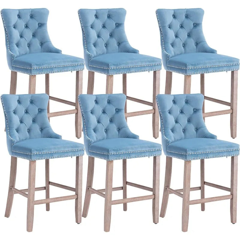 Bar Stools Set of 4 Counter Height, Velvet Upholstered Barstools with Solid Wood Legs, Button Tufted and Nailheads Trim