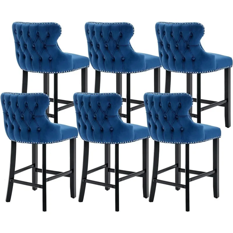 Bar Stools Set of 4 Counter Height, Velvet Upholstered Barstools with Solid Wood Legs, Button Tufted and Nailheads Trim