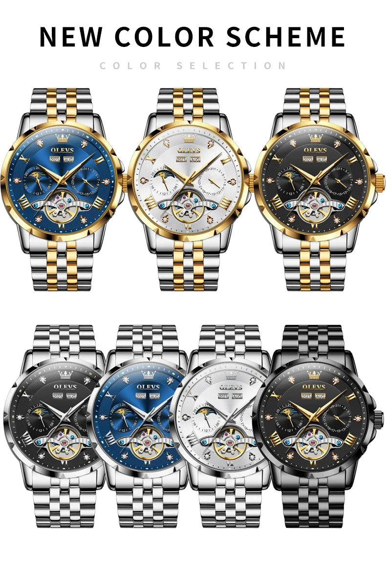 Men's Automatic Mechanical Wristwatch Luxury Skeleton Flywheel Design Moon Phase Waterproof Original Brand Man Watch