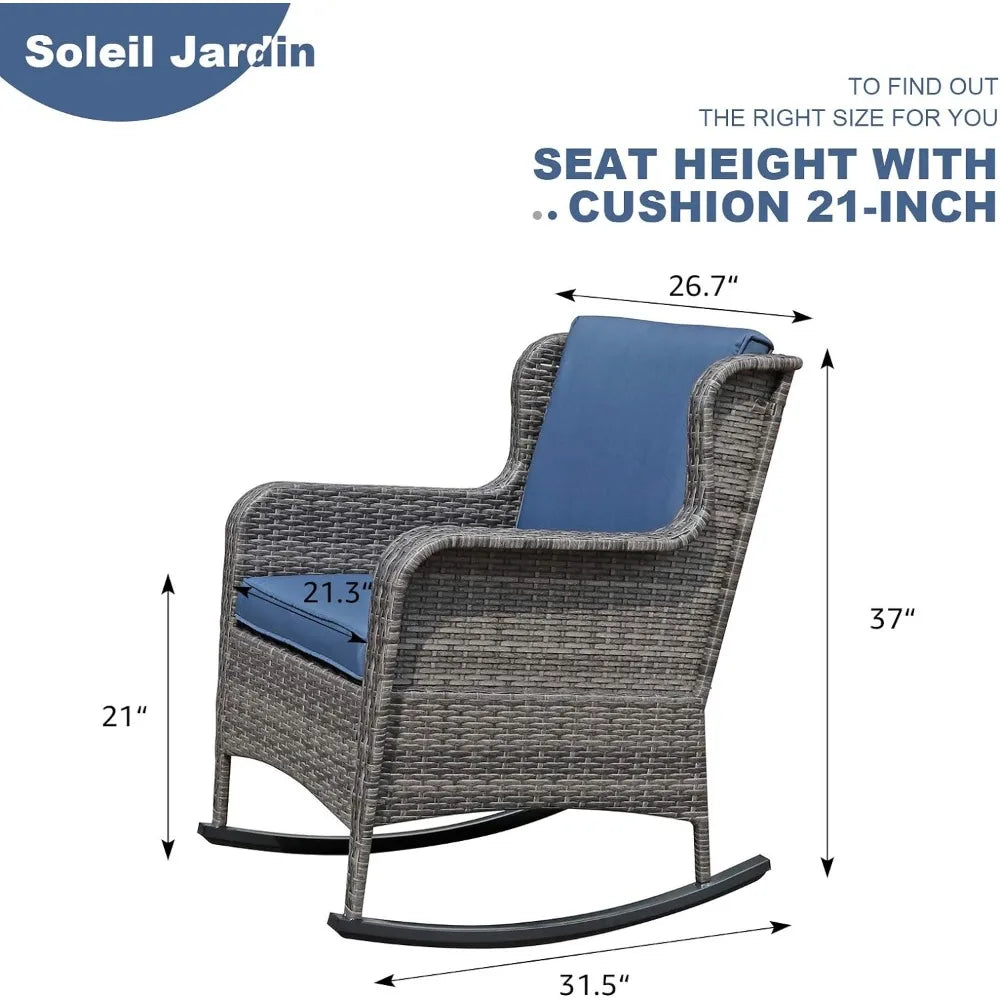 Outdoor Resin Wicker Rocking Chair with Cushions, Patio Yard Furniture Club Rocker Chair, Gray Wicker & Navy Cushions