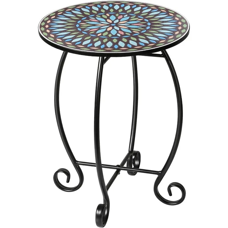 Round Side End Table, 16" Unique Relief Ceramic Tile Table Top with Metal Structure, Small Accent Coffee Tables