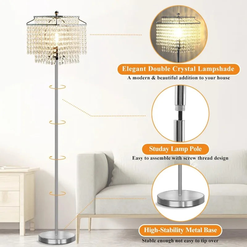 Crystal Floor Lamp, Double-Layer Lampshade, On/Off Foot Switch