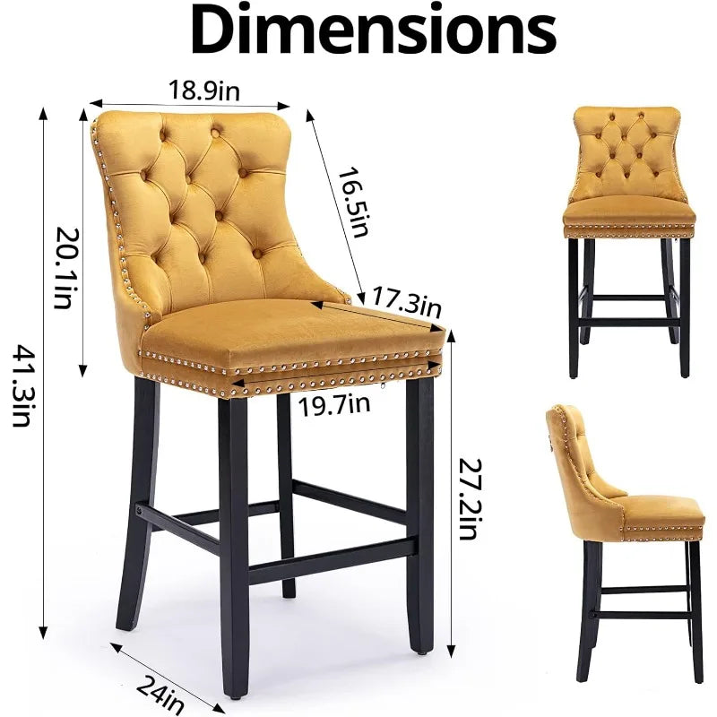 Bar Stools Set of 4 Counter Height, Velvet Upholstered Barstools with Solid Wood Legs, Button Tufted and Nailheads Trim