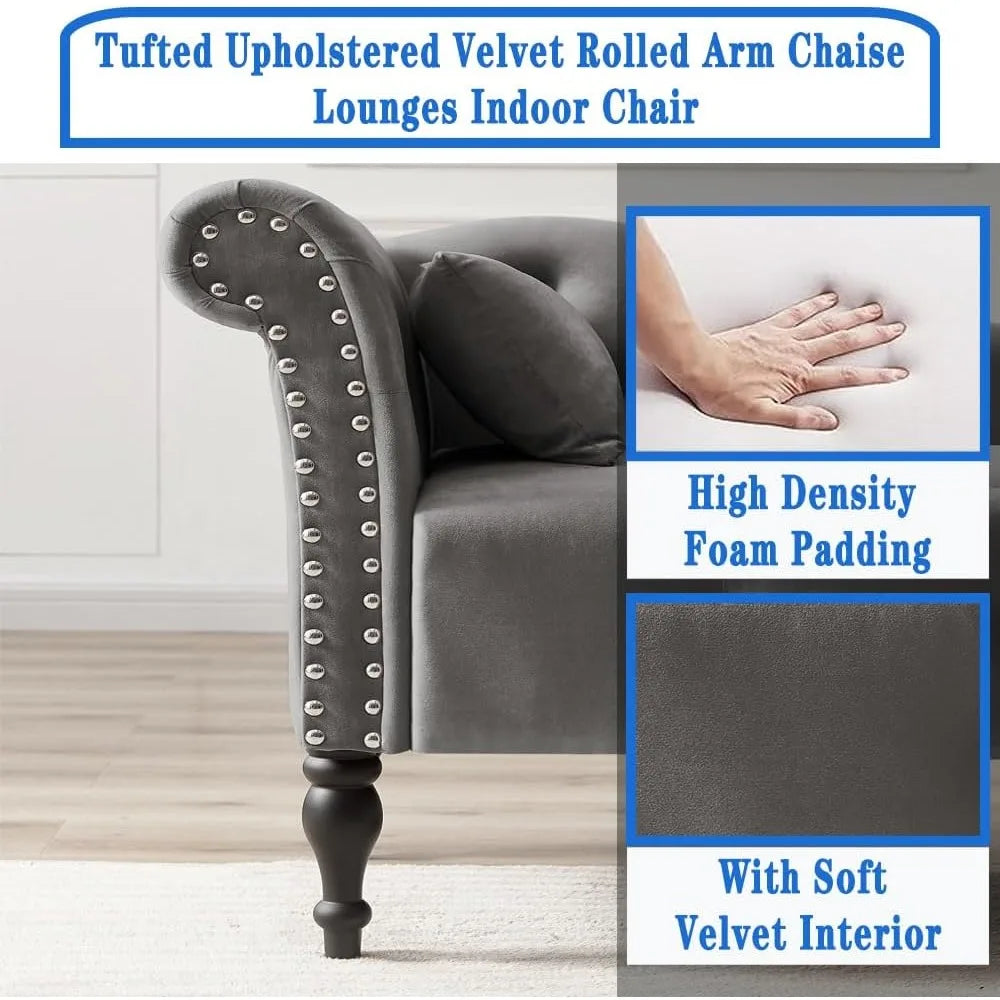 Tufted  Velvet Upholstered Rolled Arm Chaise Lounge; Right Arm Facing;  Nail head Trim and 1 Pillow