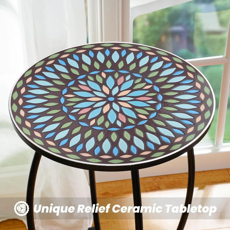 Round Side End Table, 16" Unique Relief Ceramic Tile Table Top with Metal Structure, Small Accent Coffee Tables