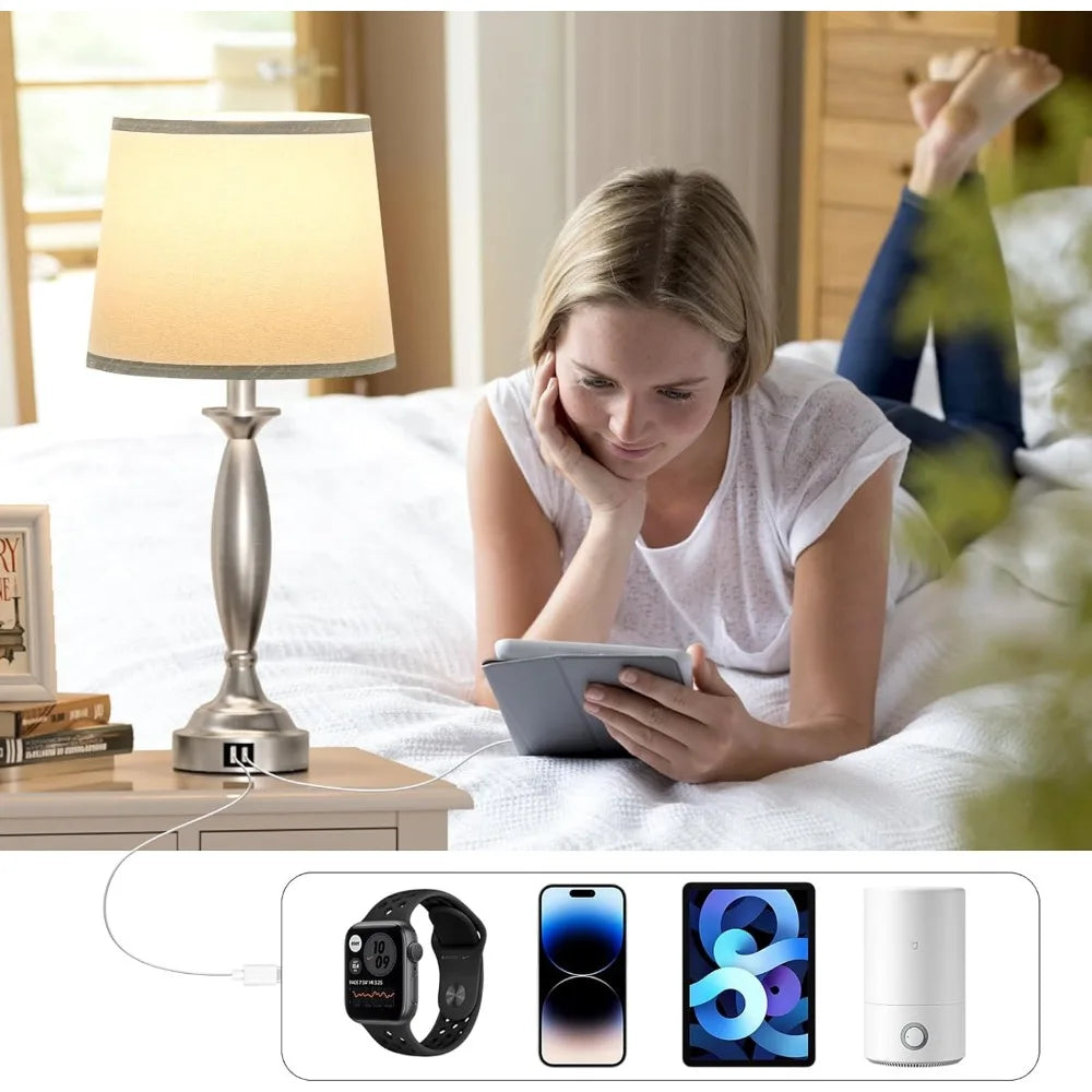 Brushed Nickel Touch Control Bedside Lamp with USB C+A, 3 Way Dimmable