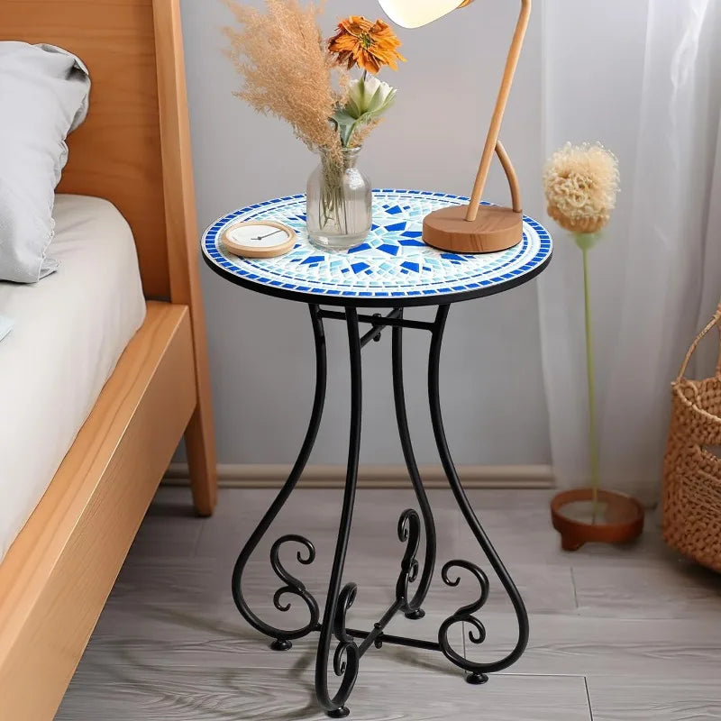 Round Side End Table, 16" Unique Relief Ceramic Tile Table Top with Metal Structure, Small Accent Coffee Tables