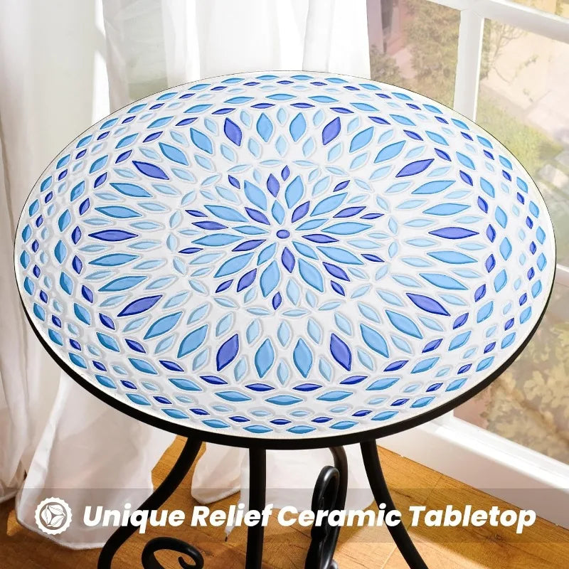 Round Side End Table, 16" Unique Relief Ceramic Tile Table Top with Metal Structure, Small Accent Coffee Tables