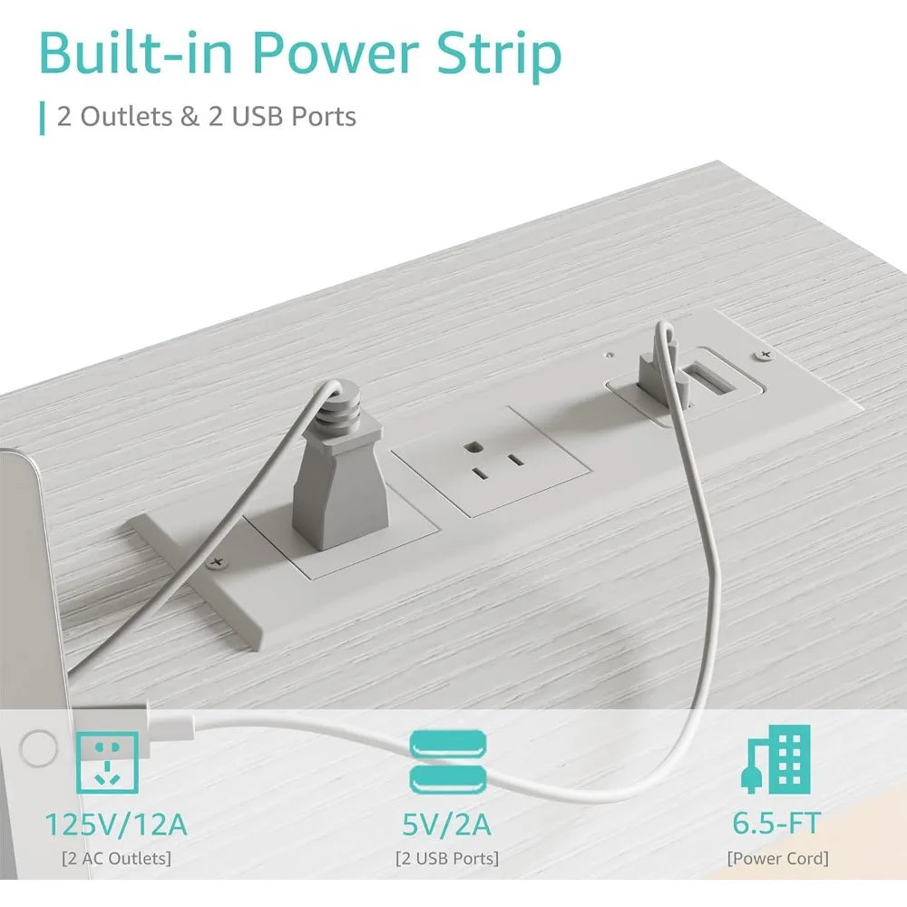 39 Inch White Computer Desk With Power Outlet Table