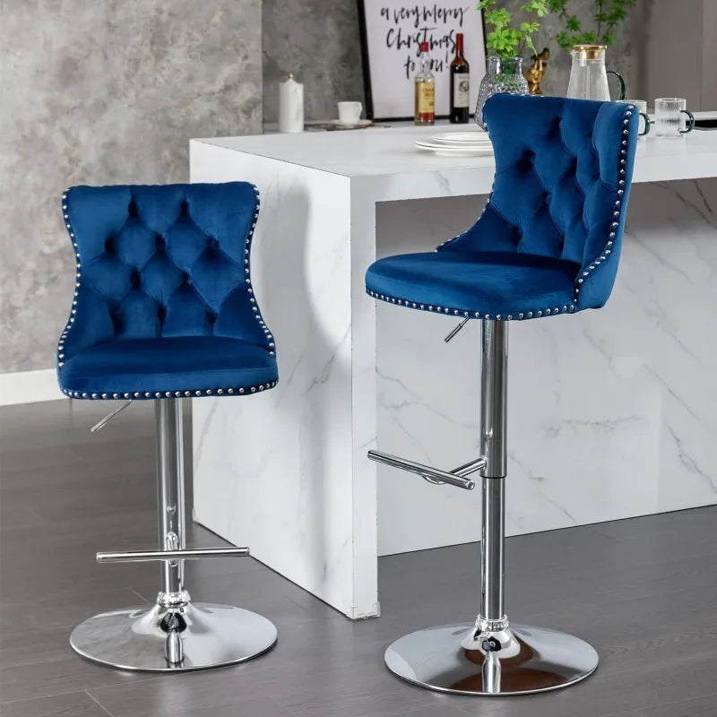 Swivel Bar Stools Set of 2, Adjustable Counter Height Barstools with Nailheads Trim, Button Tufted Back and Silver Footrest,