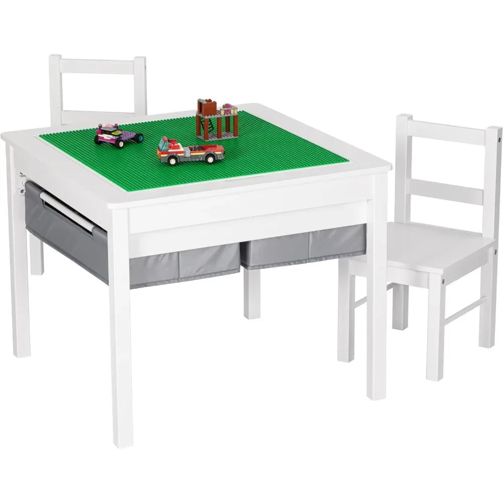 Wooden 2 in 1 Kids Construction Play Table; 2 Chair Set with Storage Drawers; and Built in Plate Compatible with Lego Table