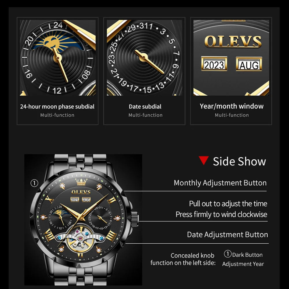 Men's Automatic Mechanical Wristwatch Luxury Skeleton Flywheel Design Moon Phase Waterproof Original Brand Man Watch