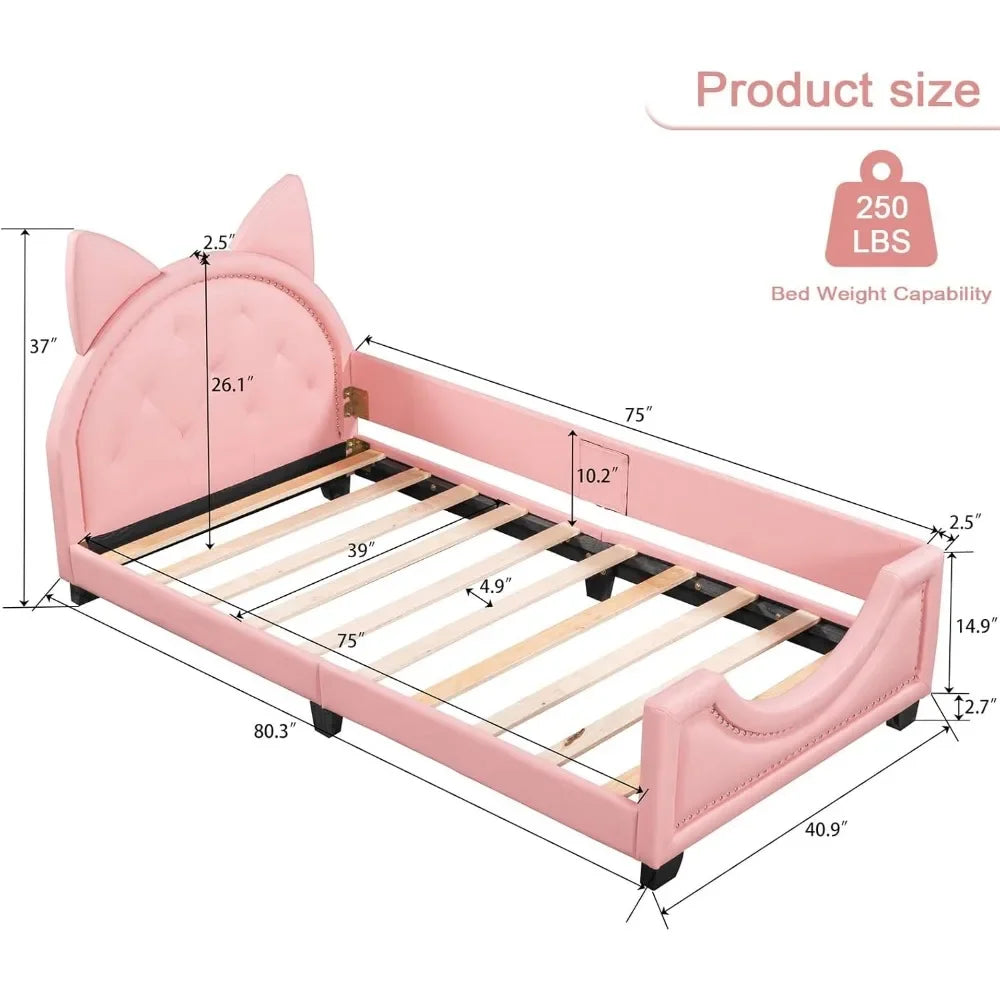 Upholstered Twin Size PU Leather Platform Bed with Carton Ears Shaped Headboard