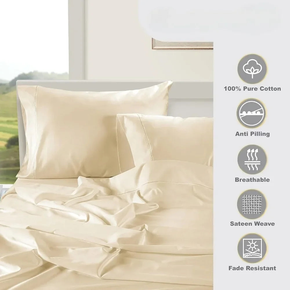 1000 Thread Count Egyptian Cotton Sateen King Sheets (4pcs) - Luxury hotel bedding, super soft, 16" deep pockets